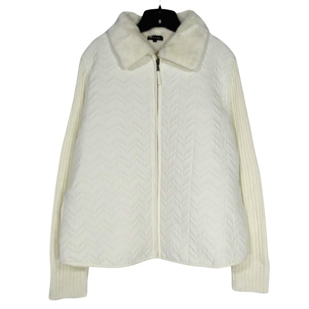 EFFECI Ivory QUILTED FRONT Ridded Knit Back FAUX FUR COLLAR Sweater Jacket Sz 2X